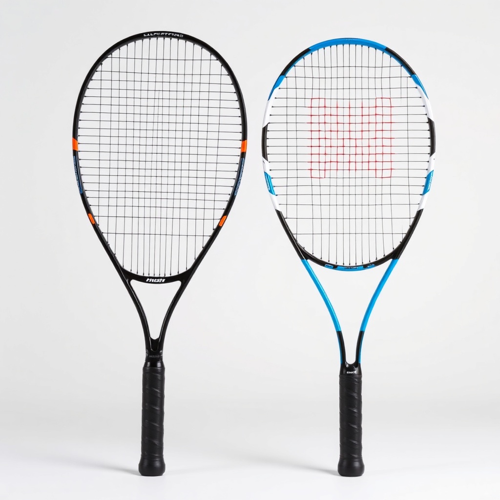 전통적인 폐쇄형 라켓과 현대적인 티어드롭 형태의 스쿼시 라켓이 나란히 놓여 구조적 차이를 보여주는 모습