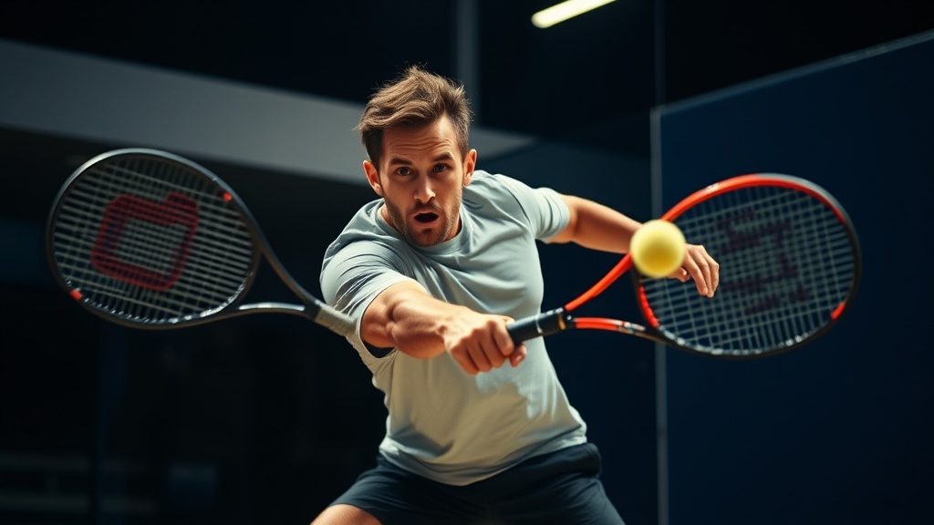 스쿼시 선수가 백핸드 드라이브를 치기 위해 라켓을 뒤로 크게 빼며 파워를 응축하는 자세