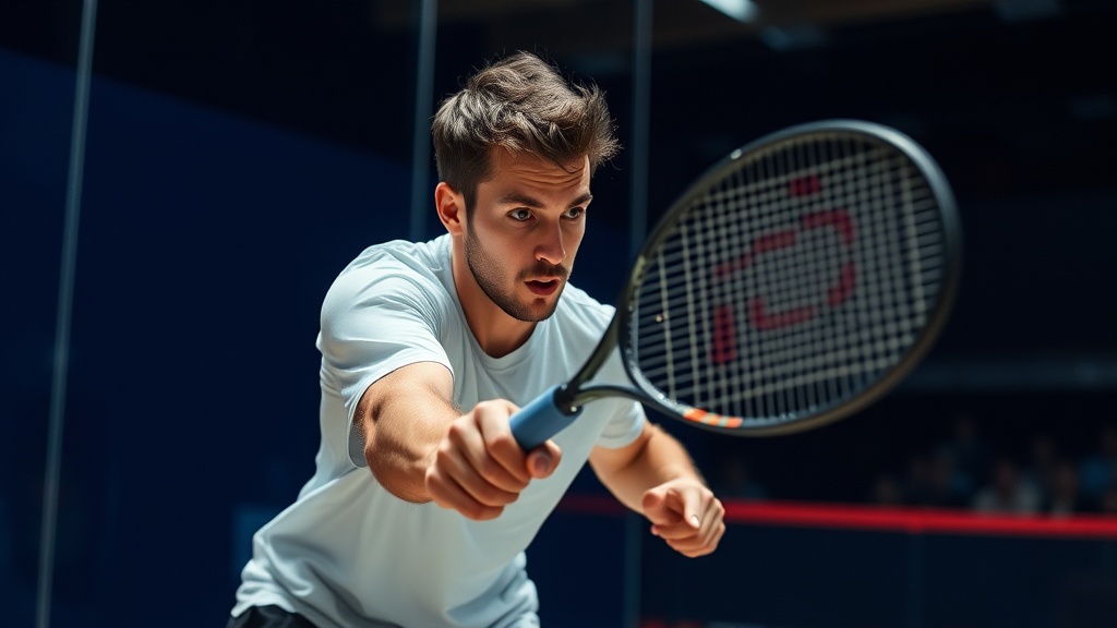 폐쇄형 라켓을 사용하여 코너 깊숙이 정교한 샷을 구사하는 스쿼시 선수의 집중하는 모습