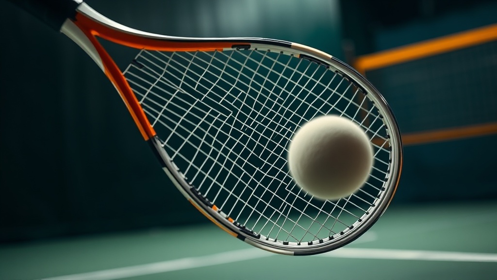 스쿼시 코트 위에서 라켓 스트링이 공과 접촉하며 에너지를 전달하는 순간의 역동적인 모습