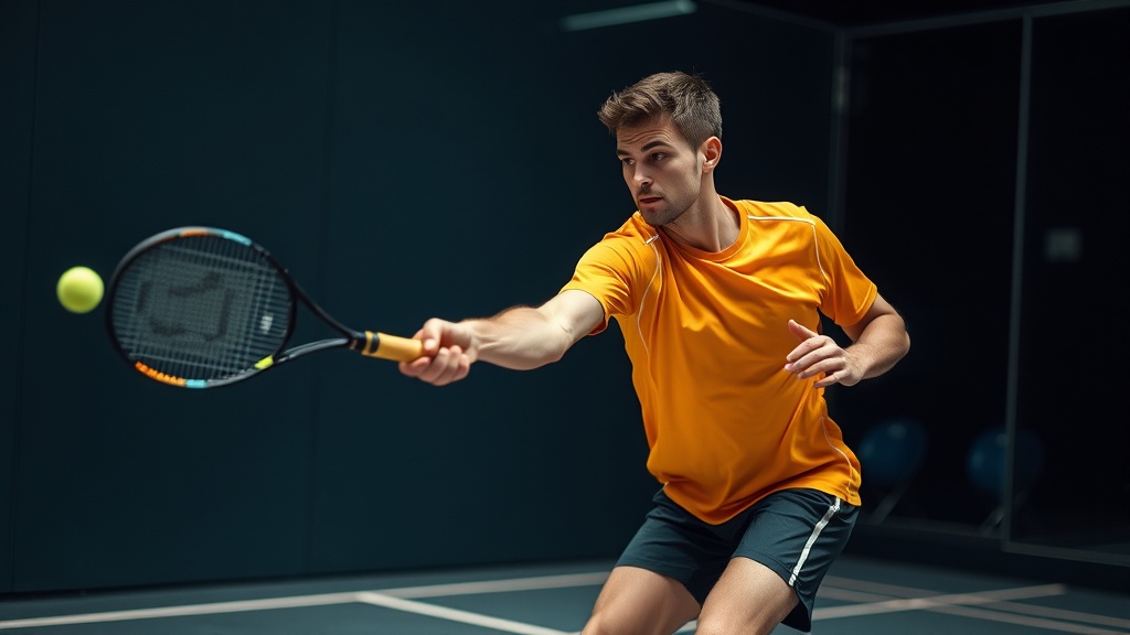 정교한 컨트롤 샷을 시도하는 스쿼시 플레이어의 모습