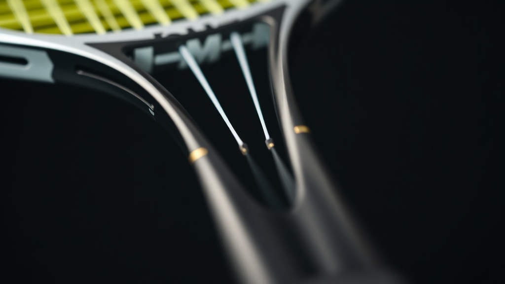 라켓의 스트링 베드와 쓰로트 연결 부위가 클로즈업되어 타구 시 힘의 전달 과정을 유추할 수 있는 모습